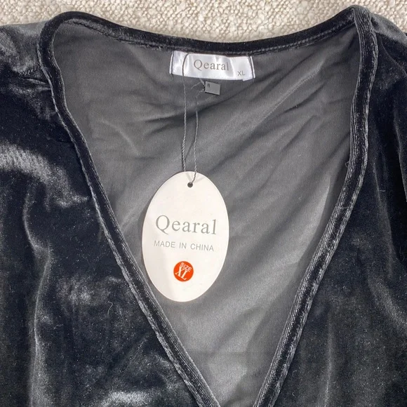 Black Velvet Wrap Dress with Ruching - Picture 2 of 9